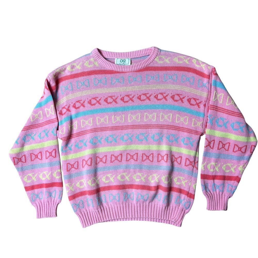 Girls Size 12 Benetton Sweater Fairy Kei Kawaii Pastel Bows Fish 90s Italy